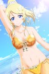  arm_up armpits ayase_eli bikini blonde_hair blue_eyes blush cloud day dutch_angle floral_print flower front-tie_top hair_flower hair_ornament hair_scrunchie highres lens_flare light_smile looking_at_viewer love_live! love_live!_school_idol_project midriff orange_bikini ponytail print_bikini scrunchie side-tie_bikini sky solo sweat swimsuit white_scrunchie zangaku 