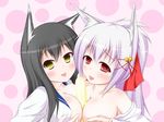  2girls animal_ears between_breasts breast_press breasts female fox_ears fox_tail kazamatsuri_kazari kokuko_ryouka kuroko_mukuhana large_breasts looking_at_viewer mizuki_(kogetsu-tei) multiple_girls original symmetrical_docking tail 