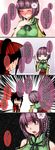  4koma alternate_costume aoshima black_hair blush bow breasts comic commentary_request confession emphasis_lines flower fourth_wall full-face_blush hair_bow hair_flower hair_ornament hakurei_reimu hieda_no_akyuu highres japanese_clothes kimono large_breasts long_hair multiple_girls necktie ponytail purple_eyes purple_hair revealing_clothes ribbon short_hair sleeveless smile touhou translated underboob 