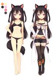  :o absurdres animal_ears bare_shoulders barefoot black_bra black_hair black_legwear black_panties boots bow bra breasts character_profile choker collarbone color_guide full_body hair_bow hand_on_hip highres kyuri_tizu long_hair midriff multiple_views navel original panties purple_eyes short_eyebrows simple_background small_breasts tail thighhighs two_side_up underwear underwear_only white_background wolf_ears wolf_tail zettai_ryouiki 