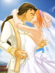  1girl bare_shoulders brown_hair day dress elhaym_van_houten fei_fong_wong formal gloves gloves_removed hair_up hetero highres kiss long_hair ryukia single_hair_intake sky strapless strapless_dress veil wedding_dress white_gloves xenogears 