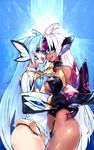  blue_eyes blue_hair breasts dark_skin kos-mos kos-mos_ver._4 large_breasts long_hair looking_at_viewer multiple_girls negresco red_eyes smile t-elos very_long_hair white_hair xenosaga yuri 