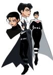  2girls batman belt black_cape black_hair black_suit blue_eyes bodysuit bruce_wayne cape clark_kent closed_mouth dc_comics dual_persona floating from_side full_body genderswap genderswap_(mtf) hair_between_eyes hair_bun hair_slicked_back hair_up head_only highres looking_to_the_side low_ponytail multiple_girls parted_lips red_lips simple_background standing suit superhero_costume superman white_background white_cape wuliu_heihuo 