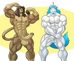  abs balls beard biceps big_muscles big_penis blue_hair brown_hair duo equine erection facial_hair feline flexing fur galen_(character) goatee hair horn kartos lion looking_at_viewer male mammal muscles nude pecs penis plain_background pose tan_fur unicorn vein white_fur 