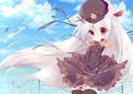  animal_ears chain-link_fence cloud day fence frilled_skirt frills hat long_hair looking_at_viewer original red_eyes silver_hair skirt sky smile solo tail thighhighs umino_mizu very_long_hair wind wolf_ears wolf_tail zettai_ryouiki 