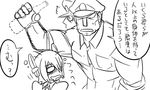  1boy 1girl admiral_(kantai_collection) bottle comic drooling drunk greyscale hat kantai_collection matsuda_chiyohiko military military_uniform monochrome peaked_cap short_hair sleeves_rolled_up tenryuu_(kantai_collection) tonda translated uniform 