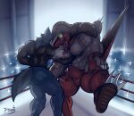 anthro bodily_fluids canid canine canis claws clothing competition dinosaur dripping duo erection erection_under_clothing fight fighting_ring footwear genital_fluids genitals hi_res humiliation king_of_dinosaurs king_of_fighters leaking_precum male male/male mammal mask muscular muscular_anthro muscular_male nipples pinumontbalou precum precum_drip prehistoric_species punch red_body reptile ring saliva saliva_on_face saliva_on_tongue saliva_string scalie sexual_competition sexual_fight shoes snk sports_mask sportswear sweat sweaty_body tail tears theropod toe_claws tyrannosaurid tyrannosauroid tyrannosaurus tyrannosaurus_rex wolf wrestling wrestling_clothing wrestling_mask