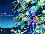  blue_eyes blue_hair blue_kimono clenched_hand dated fireflies flower hair_ornament japanese_clothes kimono low_twintails pixiv_fantasia pixiv_fantasia_3 plant rugo sky solo star_(sky) starry_sky tanabata tanzaku twintails wind wing_ears yukata 