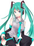  aqua_eyes aqua_hair bare_shoulders black_legwear detached_sleeves hatsune_miku headset long_hair looking_at_viewer necktie shiroshi_(denpa_eshidan) skirt smile solo thighhighs twintails very_long_hair vocaloid 