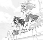  anthro black_and_white blush canine clothed clothing cloud dog eyes_closed female fur hair hand_behind_head kikurage ladder legwear long_hair mammal monochrome open_mouth ribbons rooftop school_uniform shirt shoes shouting skirt sky thigh_highs 
