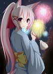  animal_ears blush fireworks fox_ears japanese_clothes kazamatsuri_kazari kimono long_hair mizuki_(kogetsu-tei) original pink_hair smile solo tail 