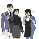  1boy 2girls batman black_eyes black_hair black_necktie black_shirt blue_eyes blue_jacket blue_pants bruce_wayne business_suit card clark_kent clenched_teeth collared_shirt dc_comics dress earrings genderswap genderswap_(ftm) genderswap_(mtf) glasses grey_jacket grey_skirt grey_suit hair_down hair_slicked_back hair_up hand_on_own_hip hand_up hands_up high_ponytail holding holding_card holding_clothes jacket jacket_on_shoulders jewelry lois_lane long_hair long_skirt long_sleeves looking_at_object looking_down looking_to_the_side multiple_girls necklace necktie open_clothes open_jacket pants ponytail purple_eyes purple_jacket shirt short_hair simple_background skirt sleeves_rolled_up smile standing straight_hair suit suit_jacket superman surprised sweatdrop swept_bangs teeth white_background white_pants white_shirt wuliu_heihuo 