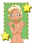  angol_mois ashinoura bad_id bad_pixiv_id blonde_hair blush covering covering_breasts dark_skin gyaru hair_ornament highres keroro_gunsou navel nude open_mouth orange_eyes out-of-frame_censoring short_hair solo surprised wristband 