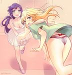  ass ayase_eli blonde_hair blue_eyes breasts chemise cleavage dress green_eyes love_live! love_live!_school_idol_project medium_breasts multiple_girls no_pants panties pantyshot pantyshot_(standing) purple_hair standing tida_kietsungden toujou_nozomi towel towel_around_neck underwear 