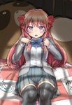  bad_id bad_pixiv_id black_legwear blazer bow gekkan_shoujo_nozaki-kun hair_bow hands_on_own_chest jacket long_hair lying orange_hair polka_dot polka_dot_bow purple_eyes roro_(qualitynine) sakura_chiyo solo stuffed_animal stuffed_toy tanuki thighhighs zettai_ryouiki 