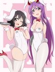  alternate_costume animal_ears arms_behind_back bare_shoulders black_hair black_legwear blush bow bowtie breasts bunny_ears bunny_girl bunnysuit bwell cleavage cocktail_glass covered_navel cup detached_collar drinking_glass flat_chest heart high_heels inaba_tewi large_breasts long_hair looking_at_viewer multiple_girls name_tag one_eye_closed open_mouth pantyhose plump purple_hair red_eyes reisen_udongein_inaba short_hair smile tail thighhighs touhou tray very_long_hair white_legwear wrist_cuffs 
