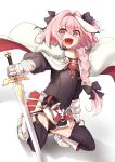  1boy absurdres armored_skirt astolfo_(fate) black_bow black_garter_straps black_panties black_sweater black_thighhighs boots bow braid bugle cape covered_navel fang fate/apocrypha fate_(series) full_body fur-trimmed_cape fur_trim garter_straps gauntlets hair_between_eyes hair_bow hair_intakes hand_on_own_thigh highres holding holding_sword holding_weapon horn_(instrument) instrument kneeling long_braid long_hair male_focus multicolored_hair open_mouth otoko_no_ko panties pink_eyes pink_hair purple_eyes riding_boots single_braid skin_fang smile solo streaked_hair sweater sword thighhighs two-sided_cape two-sided_fabric two-tone_hair underwear weapon white_background white_cape white_footwear white_hair yamany 