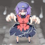  bad_id bad_pixiv_id beret blouse chinese_clothes evil_grin evil_smile fingernails foreshortening grin hands hat jiangshi looking_at_viewer miyako_yoshika ofuda oribe_rin outstretched_arms purple_eyes purple_hair ringed_eyes rock sharp_fingernails sharp_teeth shoes short_hair short_sleeves skirt smile solo standing star teeth torn_clothes touhou zombie_pose 