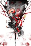  1girl additional_memory_(vocaloid) black_footwear black_socks book closed_mouth crt falling floating_hair glass_shards hair_ornament hairclip highres kagerou_project limited_palette loafers long_sleeves looking_at_viewer ocarianya origami paper_crane pleated_skirt red_eyes red_scarf scarf shoes skirt socks solo sparkle tateyama_ayano 