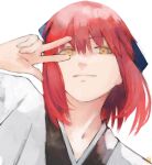  1girl hair_between_eyes hair_ornament hair_ribbon highres kohaku_(tsukihime) light_smile looking_at_viewer maid medium_hair moedredd red_hair ribbon simple_background smug tsukihime v wa_maid yellow_eyes 