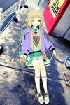  blonde_hair brown_eyes chii chobits food hair_tubes highres ice_cream jacket jewelry long_hair necklace nemo_brand robot_ears sitting solo 