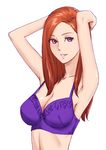  armpits arms_up bra breasts cleavage danchizuma_collection kaburagi_yuki large_breasts long_hair looking_at_viewer mature official_art original parted_lips purple_eyes red_hair shiny shiny_skin simple_background smile solo strap_gap underwear white_background 