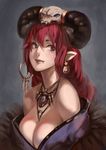  absurdres bare_shoulders breasts cleavage demon_girl fang highres horns jewelry large_breasts original pointy_ears purple_eyes red_hair smile solo weien 