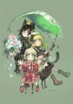  3girls animal_ears black_dress black_eyes black_hair blonde_hair blue_eyes blue_flower boots bouquet commentary_request crown dated dress flower glasses green_background highres holding holding_bouquet holding_leaf konno_takashi leaf long_hair long_sleeves maid maid_headdress mini_crown multiple_girls open_mouth original pink_flower red_dress short_sleeves signature simple_background sitting smile tail 