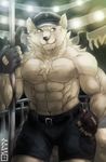  belt biceps big_muscles canine chest_tuft cinna-tree clothing fingerless_gloves fur gloves hat male mammal muscles pants pecs pole police stripper tuft white_wolf wolf 
