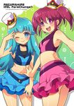  2girls :d aino_megumi alternate_costume blue_eyes blue_hair blue_skirt blush choker crop_top earrings happinesscharge_precure! hat jewelry katsuma_rei long_hair multiple_girls one_eye_closed open_mouth pink_eyes pink_hair pink_skirt ponytail precure shirayuki_hime short_hair sidelocks skirt smile 