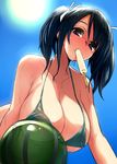  ball bikini blue_bikini blue_eyes blue_hair blush breasts cleavage food gen_(black_factory) hair_ribbon halterneck highres huge_breasts kantai_collection mouth_hold navel nipple_slip nipples popsicle ribbon see-through short_hair solo souryuu_(kantai_collection) sun swimsuit transparent twintails wet 