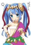  armlet bandeau bare_shoulders blue_eyes blue_hair bracelet breasts cleavage collarbone earrings hair_ornament hand_on_hip hoshino jewelry lakshmi_(p&amp;d) long_hair looking_at_viewer midriff necklace open_mouth puzzle_&amp;_dragons short_sleeves simple_background small_breasts solo strapless translation_request twintails white_background 