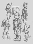  ambiguous_gender android belt black_and_white boots cat eyes_closed feline female gloves group hair headset jay_naylor lagomorph long_tail machine male mammal mechanical monochrome navel plain_background pose robot short_hair short_tail sketch smile spots topless uniform 