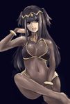  bikini_top black_background black_eyes black_hair bodysuit bracelet crossed_legs fire_emblem fire_emblem:_kakusei high_collar highres jewelry long_hair looking_away open_mouth rainen_ganbarimashita sitting solo tharja tiara twintails 