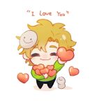  1boy blonde_hair chibi chibi_only closed_eyes commentary dream_(youtuber) dream_(youtuber)_(blob) dual_persona english_commentary english_text freckles from_above green_hoodie happy heart holding hood hoodie male_focus mask mask_on_head minecraft_youtube perspective smile smiley_face unworn_mask wangling_yinduren 