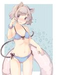  akagashi_hagane animal_ears bikini black_ribbon blue_bikini blush breasts cleavage collarbone cowboy_shot embarrassed floral_background flower flying_sweatdrops grey_hair groin hand_in_hair holding holding_hair innertube midriff mouse_ears mouse_tail navel nazrin open_mouth outside_border pink_eyes ribbon scrunchie short_hair small_breasts solo swimsuit tail touhou 