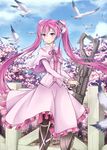  akame_ga_kill! asakurashinji bird black_legwear blush capelet cherry_blossoms cloud day dress gun hair_ribbon highres long_hair long_sleeves mine_(akame_ga_kill!) pantyhose pink_dress pink_eyes pink_hair ribbon sky smile solo twintails very_long_hair weapon 