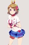  brown_hair choker clothes_writing group_name hands_together happy_maker! heart highres koizumi_hanayo love_live! love_live!_school_idol_project purple_eyes ribbon_choker shirt short_hair skirt solo t-shirt ytk_(yutta-p) 