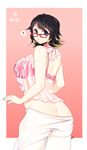  ass babydoll black_hair blonde_hair bra breasts butt_crack curvy from_behind glasses gradient_hair green_eyes heart highres large_breasts looking_back loyproject multicolored_hair neckerchief no_panties original pants_pull pink_bra puckered_lips red-framed_eyewear see-through short_hair solo spoken_heart underwear white_babydoll 