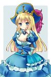  &gt;:) awilda_(p&amp;d) blonde_hair blue_dress blue_eyes blush breasts cleavage detached_collar dress frilled_dress frills hand_on_own_face hat hoshino large_breasts long_hair long_sleeves pirate_hat puffy_long_sleeves puffy_sleeves puzzle_&amp;_dragons smile solo v-shaped_eyebrows 