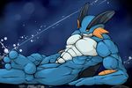 abs anthro biceps big_muscles blue_background blue_skin looking_at_viewer lying male muscles nintendo pecs plain_background pok&#233;mon pok&eacute;mon pose solo swampert tongue tongue_out video_games waddledox 