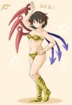  animal_print asymmetrical_wings bad_id bad_pixiv_id bikini black_hair boots breasts cosplay houjuu_nue kasuga_yukihito lum lum_(cosplay) red_eyes short_hair small_breasts solo standing swimsuit tiger_print touhou urusei_yatsura wings 