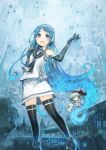 2girls animal aqua_hair black_gloves black_neckerchief black_sailor_collar black_thighhighs blue_eyes blue_hair blush building cat character_name cloud cloudy_sky elbow_gloves fairy_(kancolle) gloves gradient_hair hat kantai_collection konno_takashi long_hair multicolored_hair multiple_girls neckerchief open_mouth outdoors rain sailor_collar samidare_(kancolle) school_uniform serafuku shirt skirt sky sleeveless sleeveless_shirt thighhighs umbrella very_long_hair white_hat white_skirt 