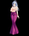  1girl absurdres bishop_(company) black_background blue_hair breasts covering covering_nipples dress hair_ribbon highres huge_breasts jewelry legs long_hair looking_at_viewer navel necklace no_bra phi pink_eyes ponytail ribbon silicon_magic simple_background smile solo standing thighs topless 