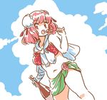  adapted_costume bandages bikini bottle breasts bun_cover commentary double_bun eating flower food ibaraki_kasen large_breasts mitsumoto_jouji open_mouth pink_hair plump red_eyes rose short_hair solo swimsuit touhou 