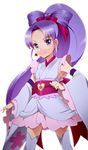  alternate_form anmitsu_komachi bow bow_by_hair cure_fortune detached_sleeves earrings frills hair_bow hair_bun happinesscharge_precure! hikawa_iona japanese_clothes jewelry long_hair magical_girl niack_(hasurja) ponytail precure purple_eyes purple_hair skirt smile solo thighhighs white_background white_legwear white_skirt wide_ponytail zettai_ryouiki 