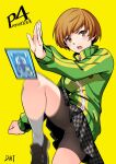  1girl bike_shorts bike_shorts_under_skirt black_shorts brown_eyes brown_hair commentary_request da-cart green_jacket highres houndstooth jacket knee_up kung_fu leg_up mary_janes open_mouth persona persona_4 pleated_skirt satonaka_chie school_uniform shoes short_hair shorts shorts_under_skirt simple_background skirt socks tarot the_chariot_(tarot) tomboy track_jacket v-shaped_eyebrows white_socks yasogami_school_uniform yellow_background 