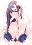  1girl ane_naru_mono black_bra black_hair bra breasts chiyo chiyo_(ane_naru_mono) cleavage collarbone dress_shirt eyebrows_visible_through_hair feather highres large_breasts lingerie long_hair looking_at_viewer off_shoulder open_clothes open_shirt pochi_(pochi-goya) pochi_(pochigoya) purple_eyes see-through shirt simple_background solo underwear upper_body 