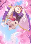  :d animal_ears brown_hair cape cherry_blossoms facial_mark fang fox_ears fox_tail fred04142 looking_at_viewer open_mouth original petals purple_eyes scroll short_hair shorts smile tail 