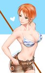  artist_name blush breasts cleavage dated heart jewelry kanapy large_breasts nami_(one_piece) navel one_piece orange_hair short_hair shorts smile solo 